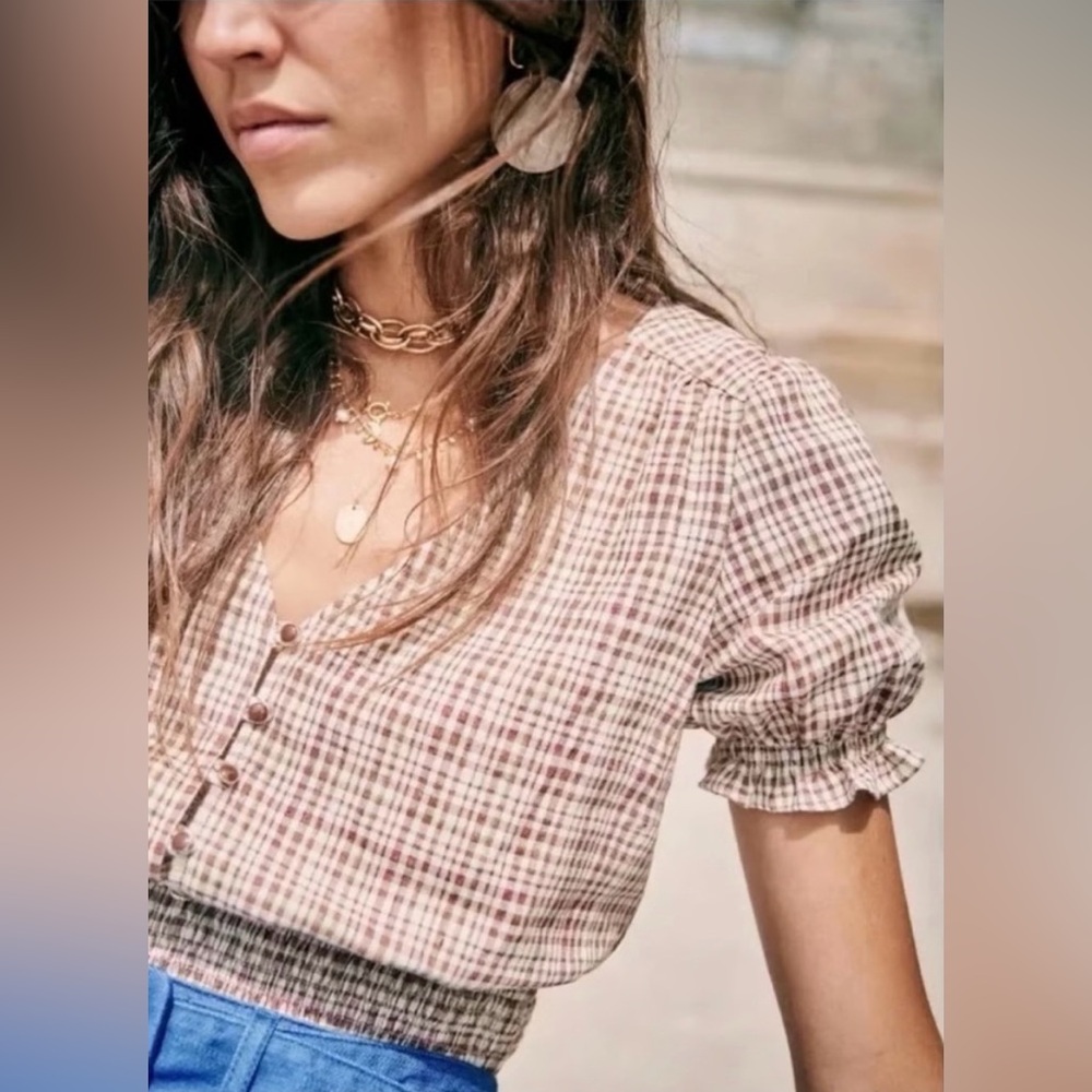 Sezane Plaid Blouse in Pink and Cream